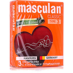 ПРЕЗЕРВАТИВЫ "MASCULAN 3 CLASSIC" (С КОЛЕЧКАМИ И ПУПЫРЫШКАМИ) 3 штуки