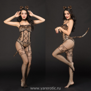 Костюм кошки Candy Girl Kandi (костюм-сетка, топ, трусы с хвостом, чокер, головной убор), черно-леоп